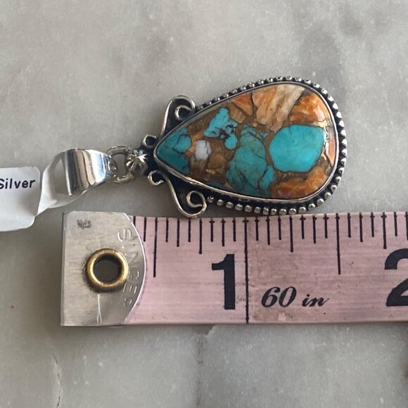 NEW Spiney Turquoise Sterling Silver Beaded Border Pendant - Picture 3 of 3